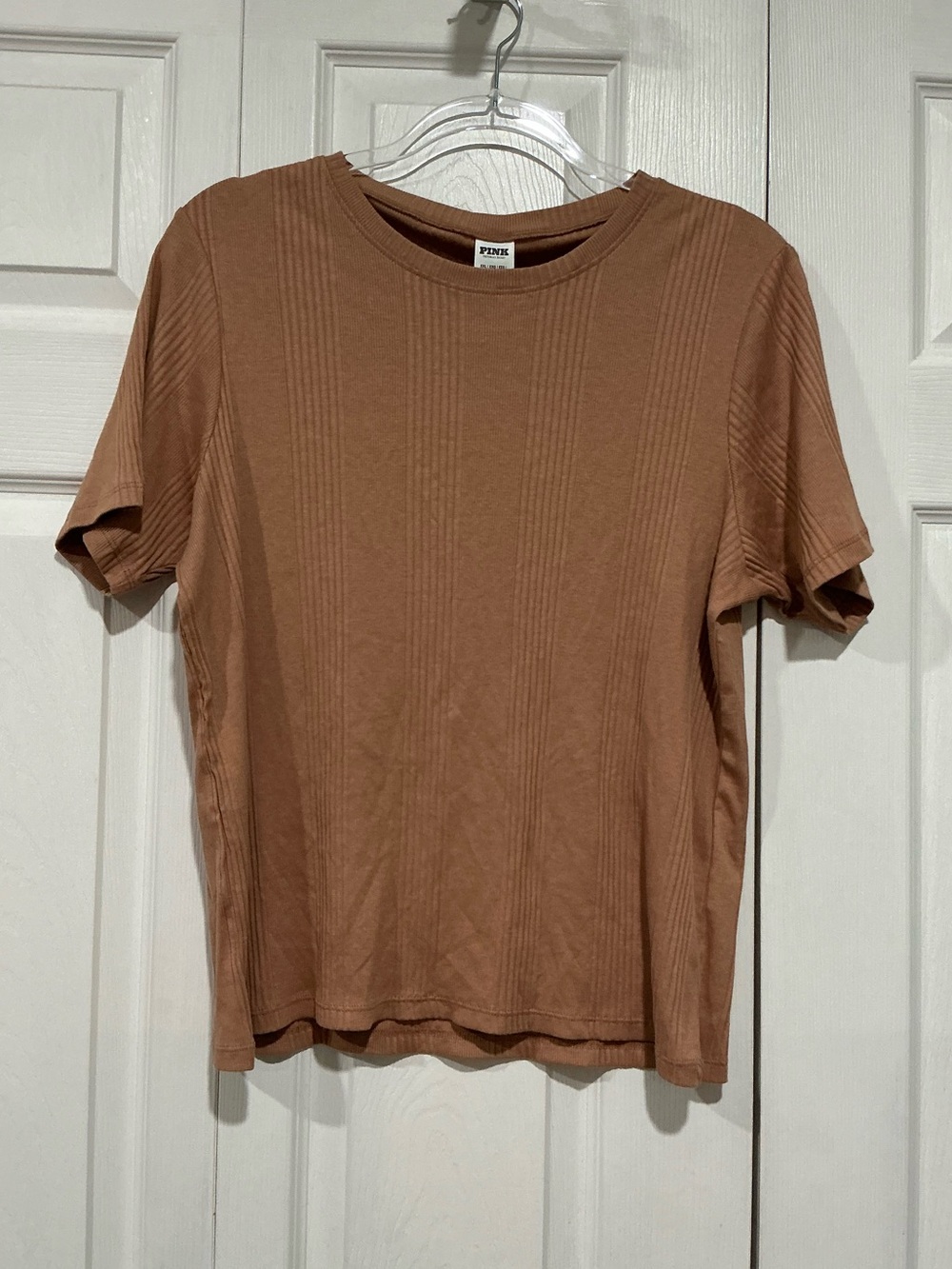 💙 NWT Victoria’s Secret PINK Tan Ribbed Short Sleeve T-Shirt XXL (01352)